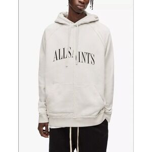 AllSaints Hoodie Size S Unisex Beige Pullover Logo Streetwear Minimalist Luxury